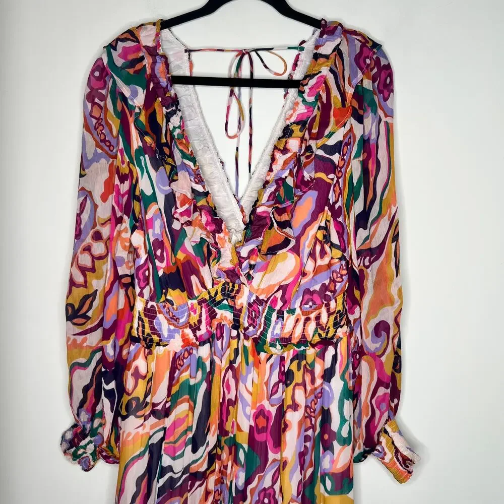 Anthropologie Ruffle Printed Maxi Dress Size 1X